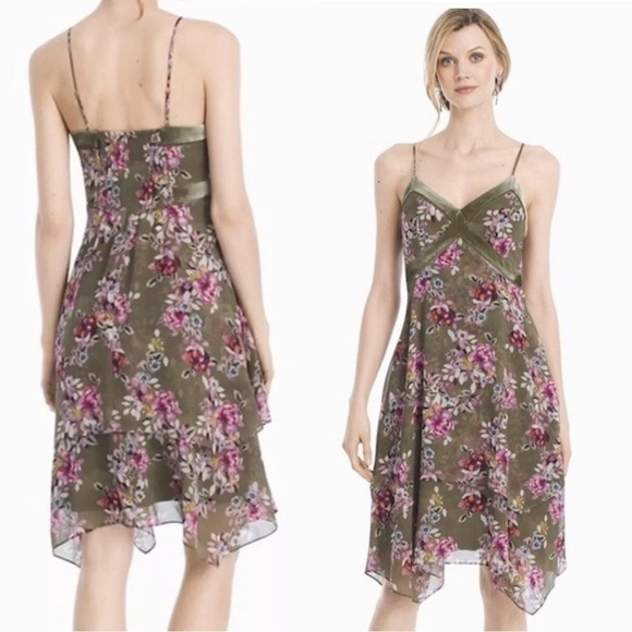 WHITE HOUSE BLACK MARKET Olive Green Floral Eyelet Ladder Tiered Hem Dress Sz 6 - Picture 1 of 5